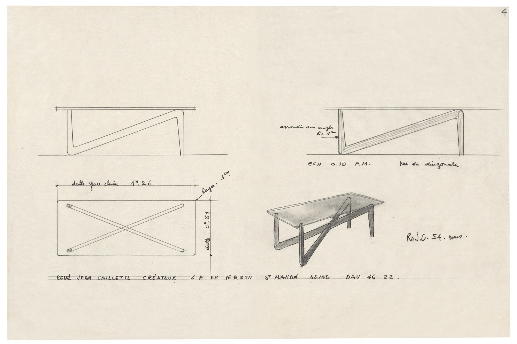Pencil drawing of a coffee table by Ren&eacute;-Jean Caillette, 1954