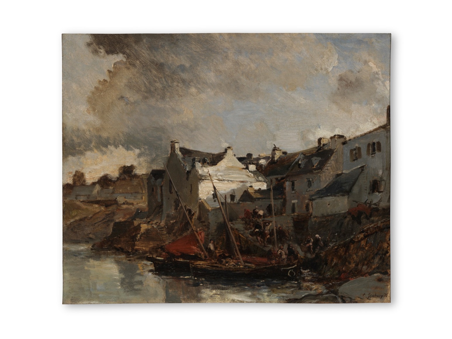 Painting of village by a seaside.