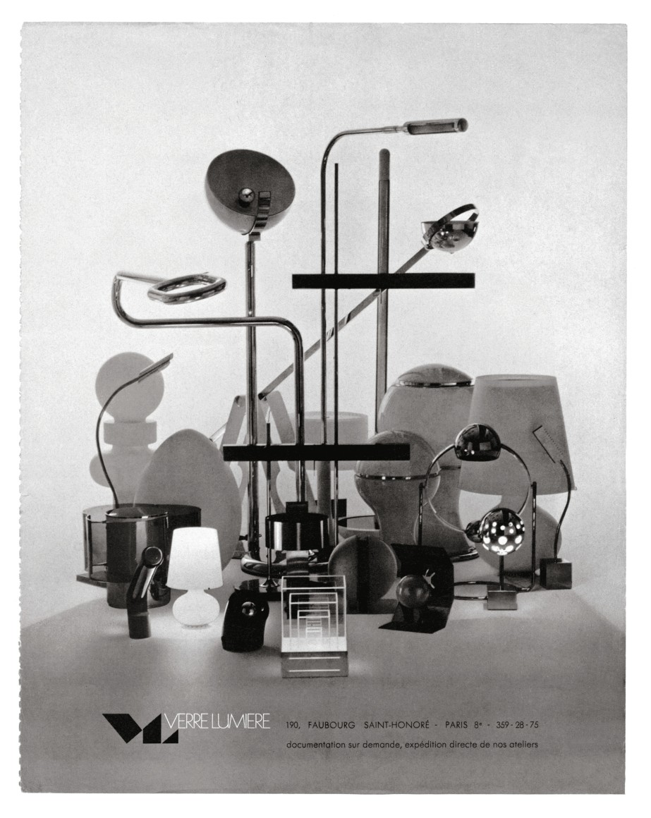 Archival black and white ad with various table, desk, and floor lamps