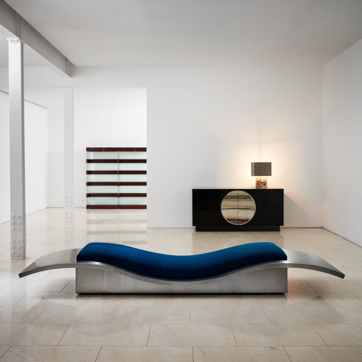 Shown with Maria Pergay Lit Tapis Volant / Flying Carpet Daybed, 1968 and Table Lamp, 1970