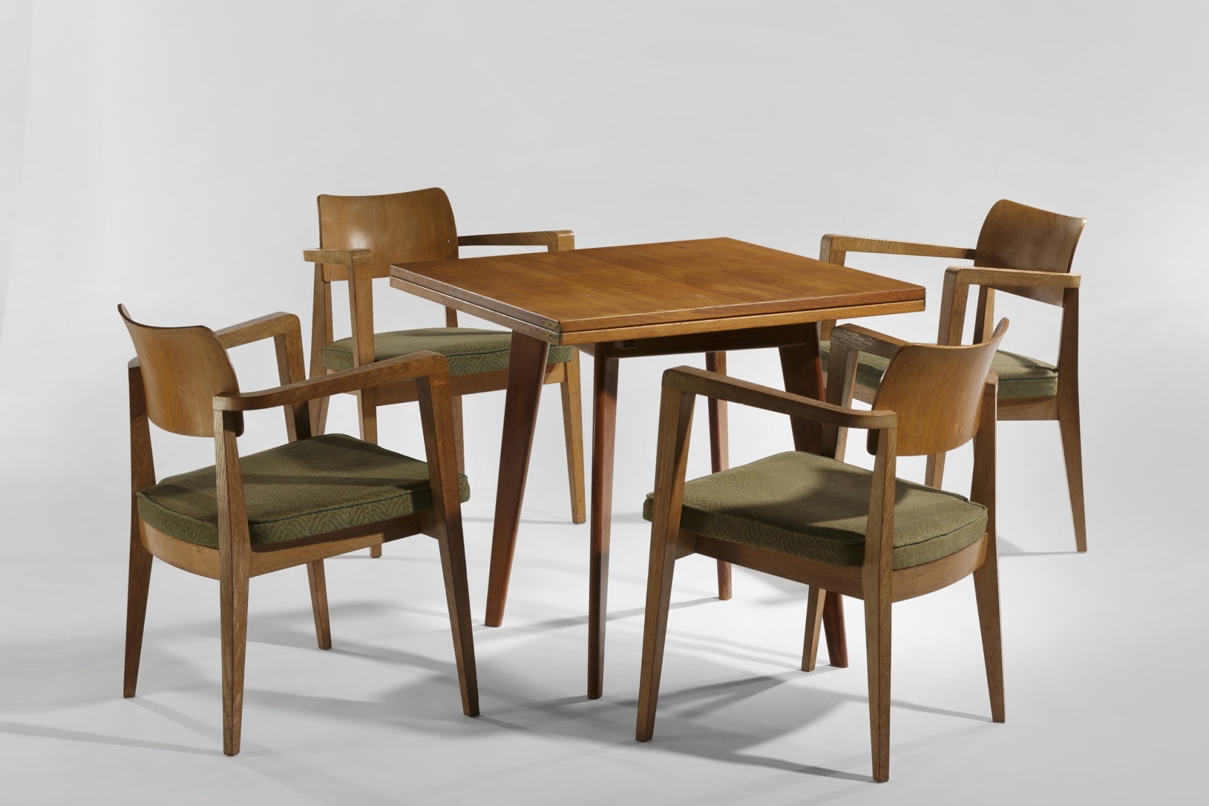 AVAILABLE Jacques Dumond&nbsp;Set of Four Bridge Chairs, 1955&nbsp;&amp;amp; Dining Table, 1955