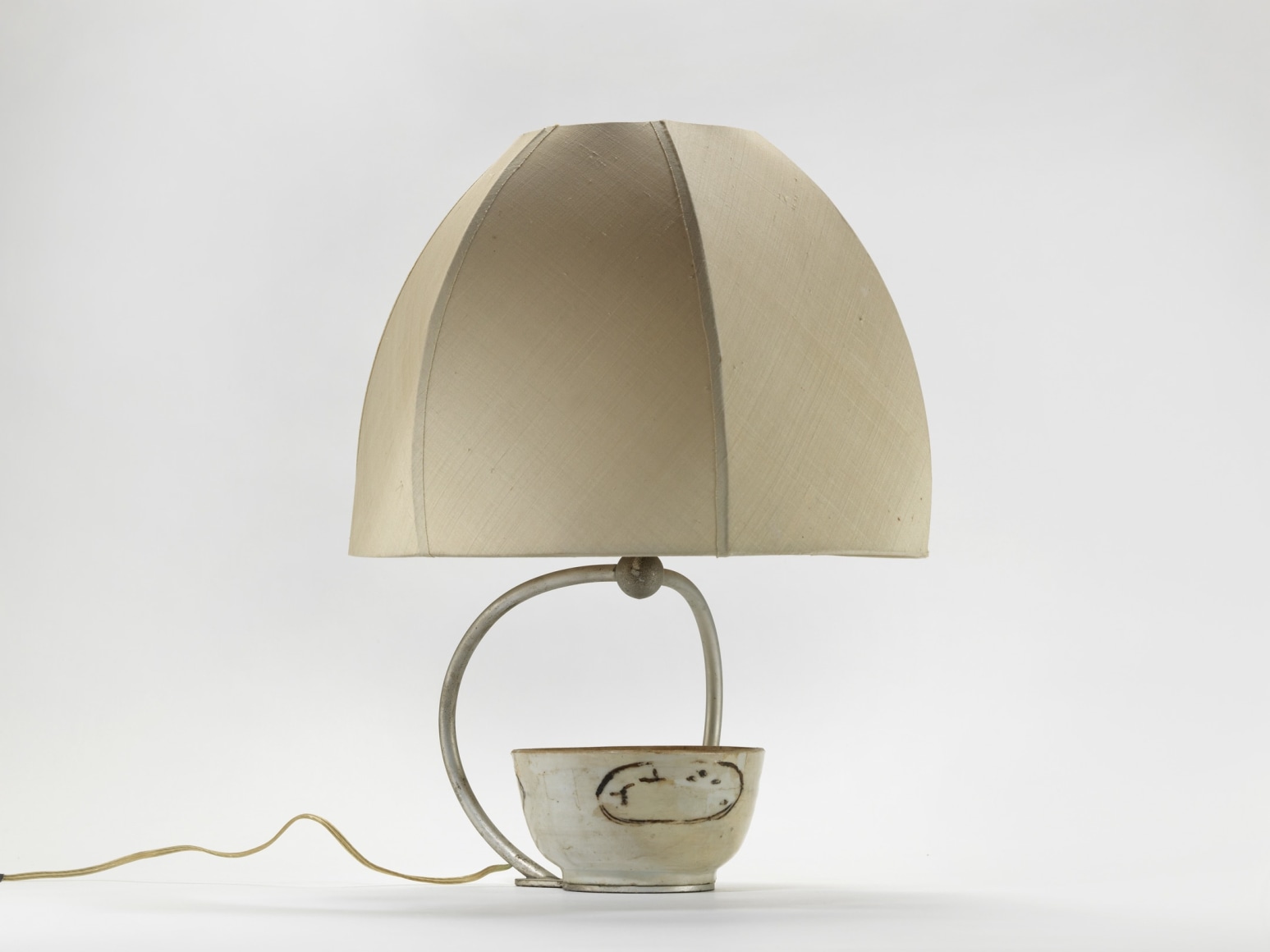 Lamp by Claude de Muzac in silk shade and ceramic base.