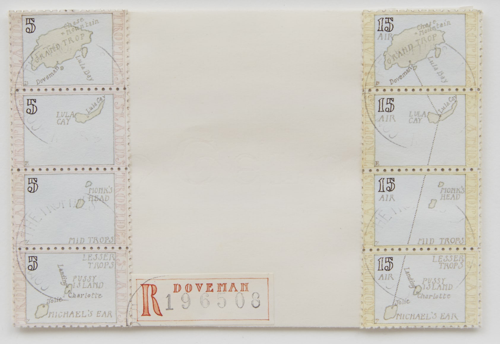 Donald Evans 1965. Airpost. Map of the Tropides Islands. Inscribed with inter-island route of the Tropides Air Service, 1977