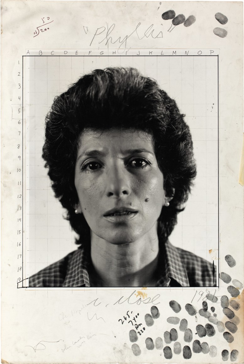Phyllis/maquette, 1981; gelatin silver print with graphite and ink mounted to board; image 20 x 16 inches, mounted 30 x 20 inches; signed, titled, and dated recto in pencil; "maquette for Phyllis, 1984, pulp paper collage on canvas 92 x 72" inscribed verso in pencil; unique © 2013 Chuck Close, courtesy Pace Gallery