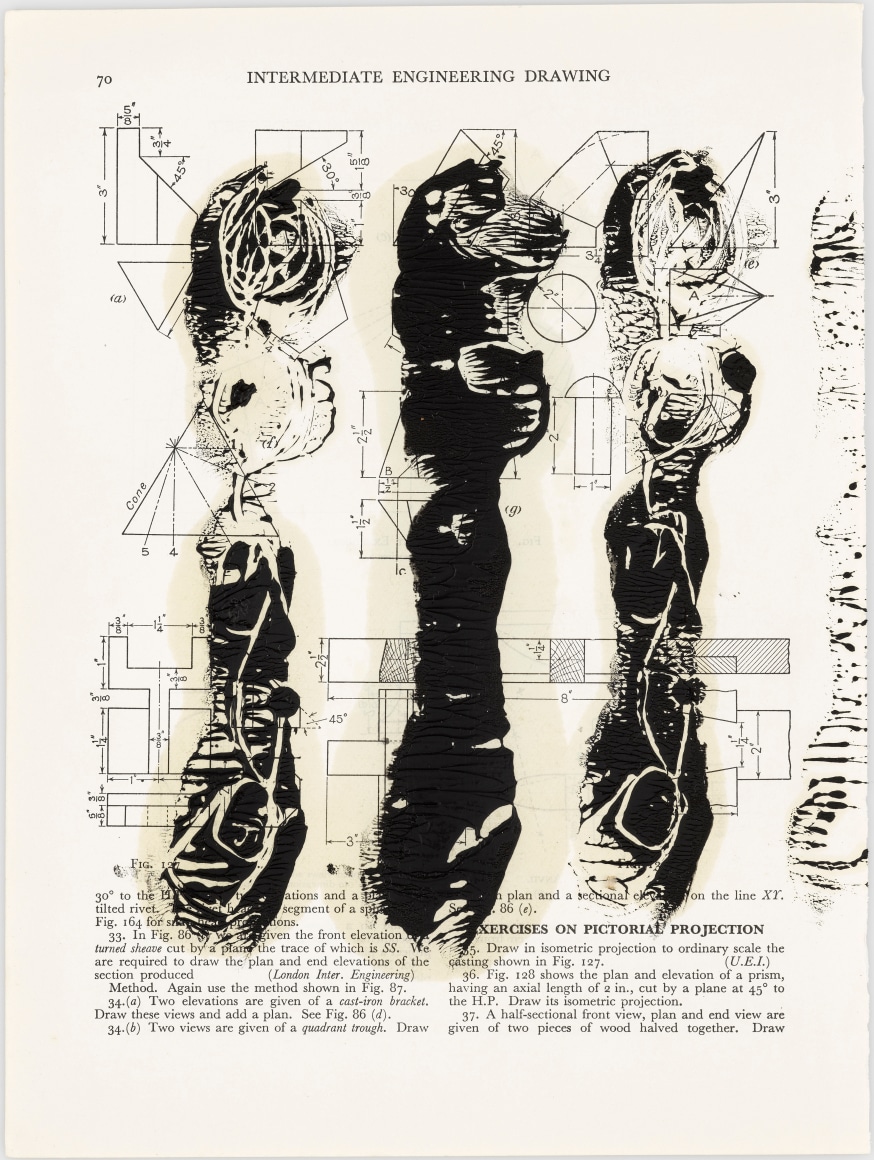 Exercises on Pictorial Projection, 2016, etching ink on found paper, 9 3/4 x 7 1/4 in. (24.6 x 18.5 cm.)