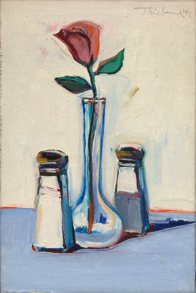 an oil painting still life, a glass vase with one rose sitting in between a salt shaker and a pepper shaker on a blue table, white background