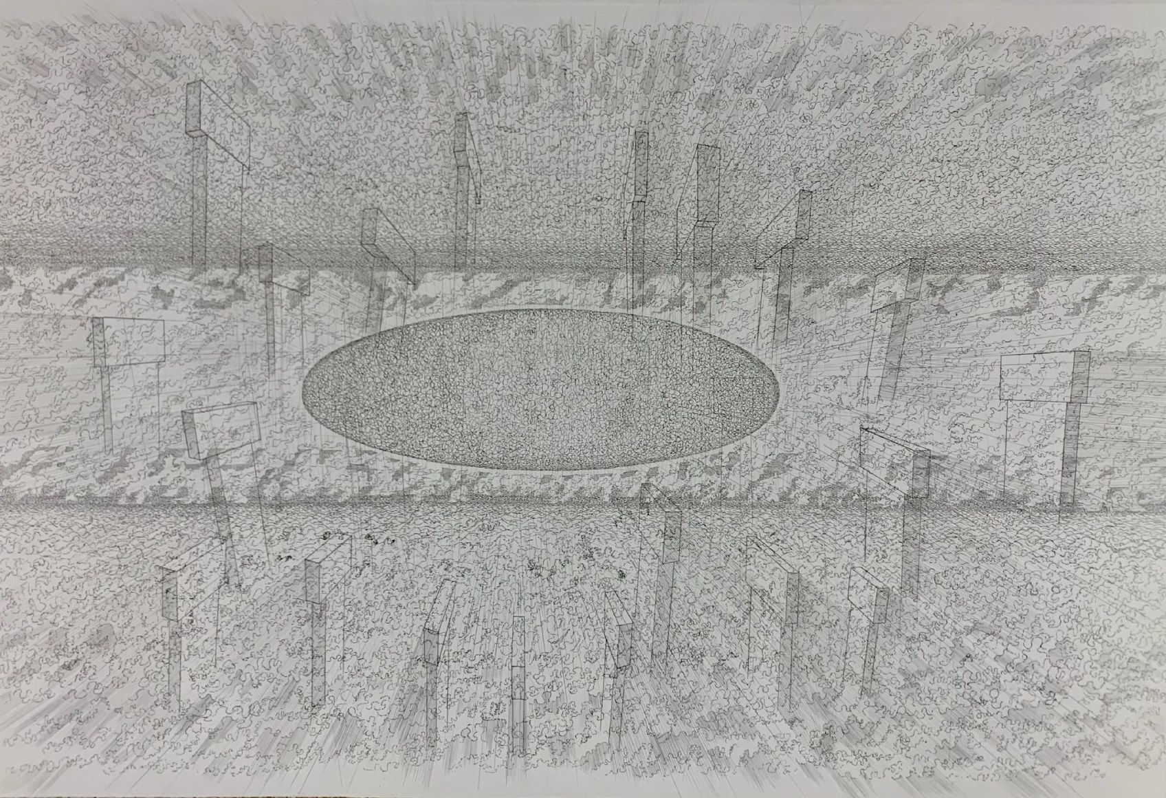 Simon Bertrand,&nbsp;Gobekli Tepe Microtubes,&nbsp;2024, Pencil and ink pen on paper, 30&quot; x 45&quot; at Anita Rogers Gallery