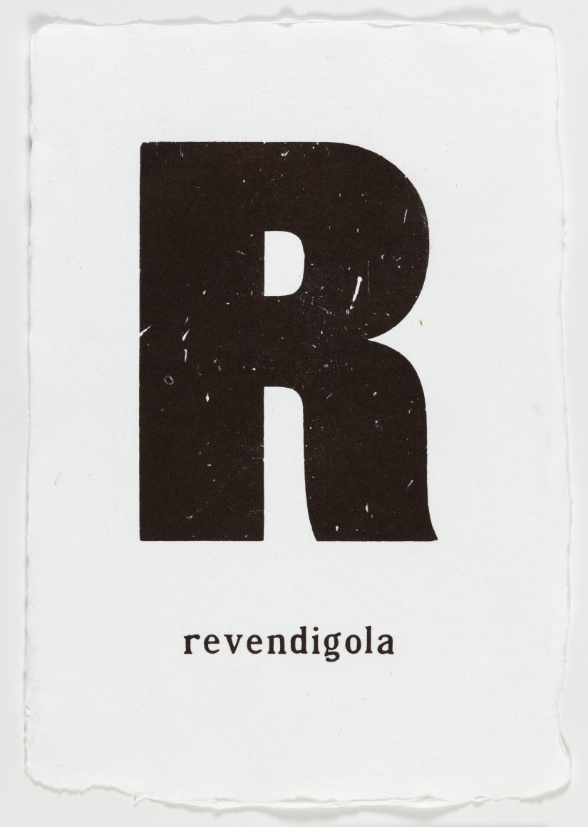 Morgan O'Hara, LOST AND FOUND IN VENICE: revendigola, 2017, Letterpress printer's ink on handmade paper, 13 1/4&quot; x 9 3/4&quot; at Anita Rogers Gallery