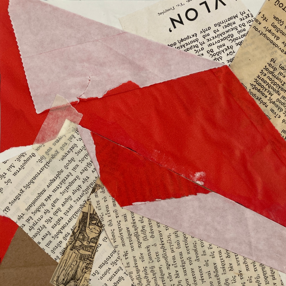 Barbara Knight, Small Square #59 (Composition with Red + Text), 2022, Collage on paper, 7" x 7" at Anita Rogers Gallery