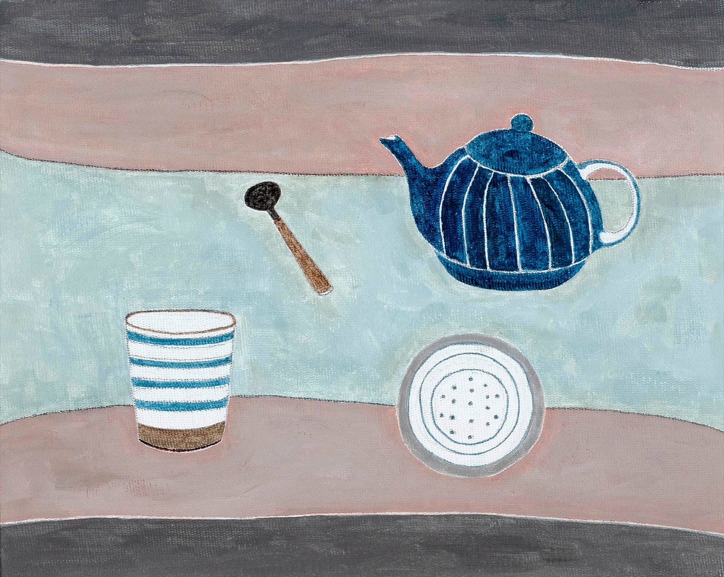 Rachel Nicholson, 4 Objects with Pink Blue Grey, 2017, Acrylic on board, 8" x 10" at Anita Rogers Gallery