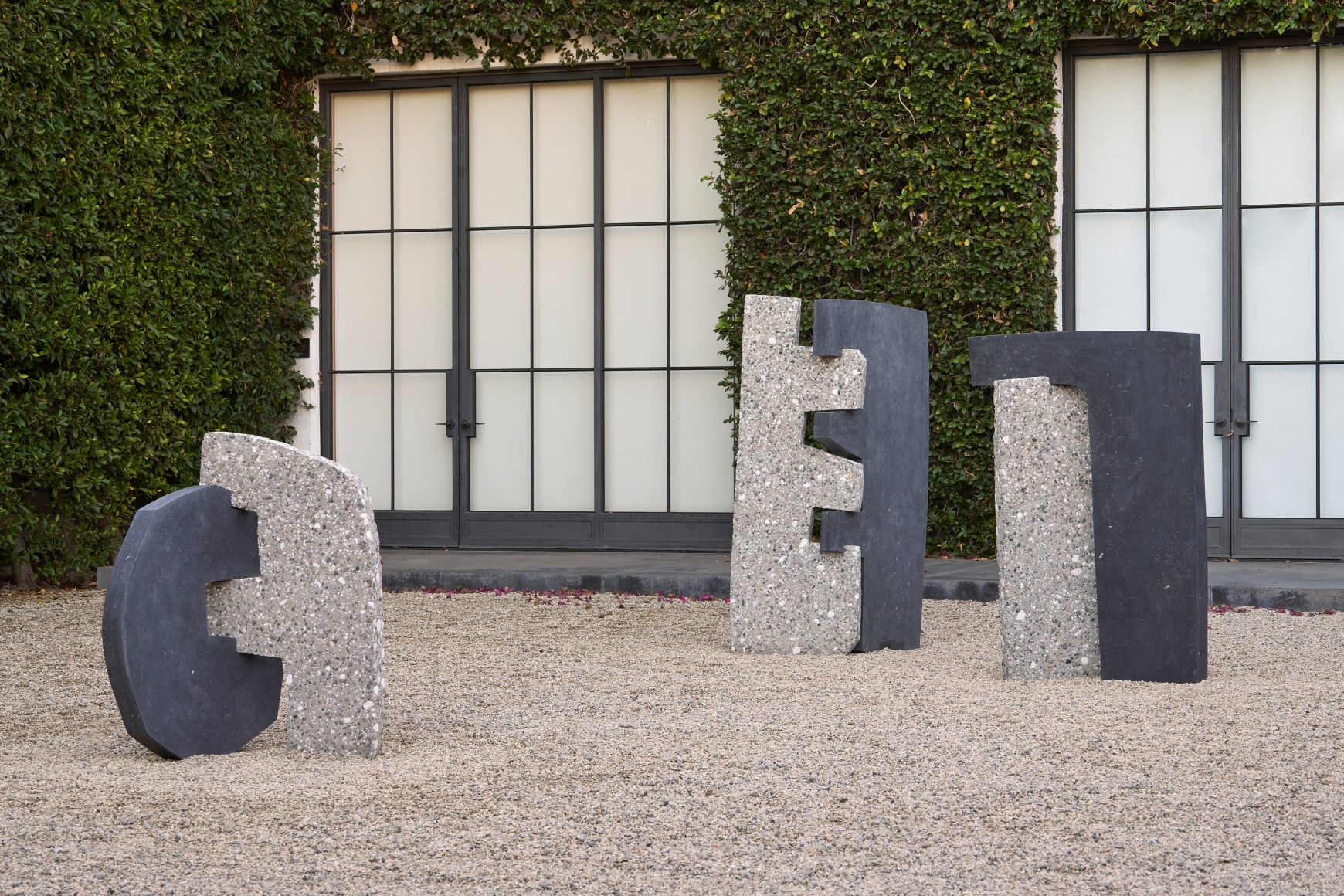 Courtyard view of &quot;Sam Moyer: Good Friend,&quot; 2021, at Kayne Griffin, Los Angeles