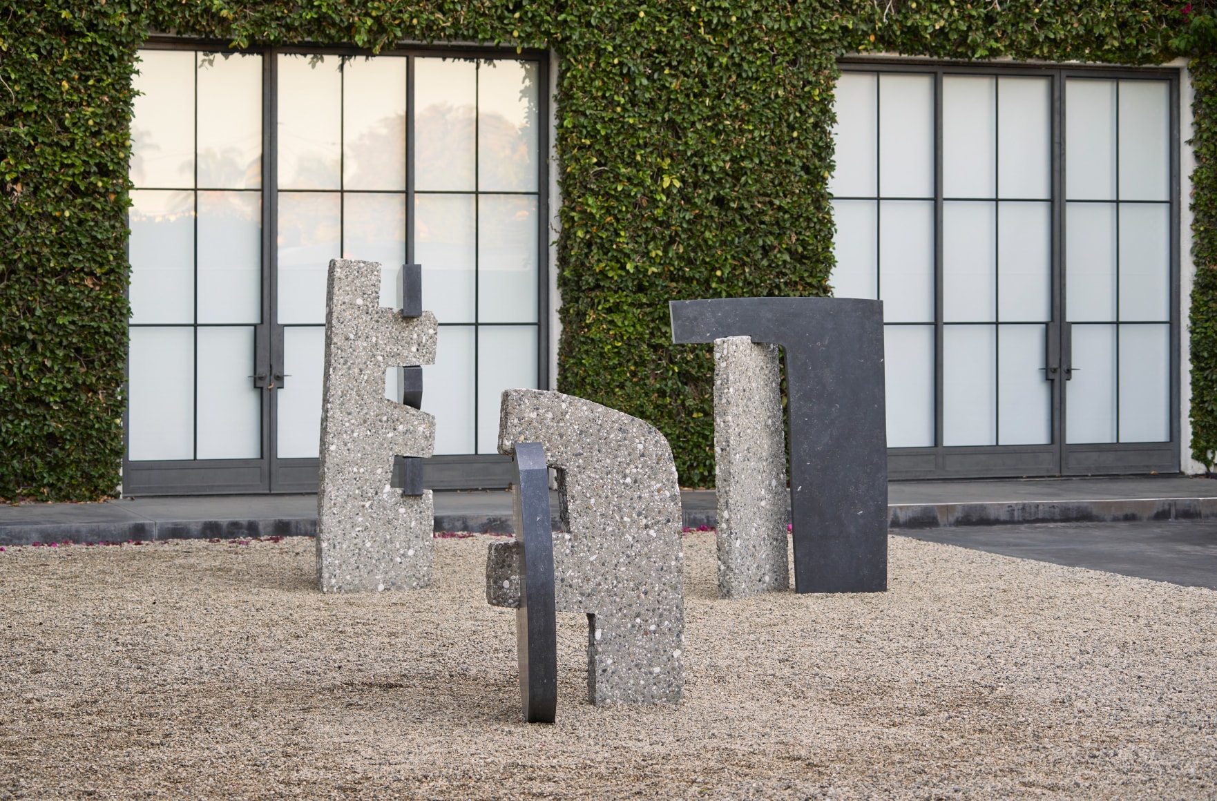 Courtyard view of &quot;Sam Moyer: Good Friend,&quot; 2021, at Kayne Griffin, Los Angeles