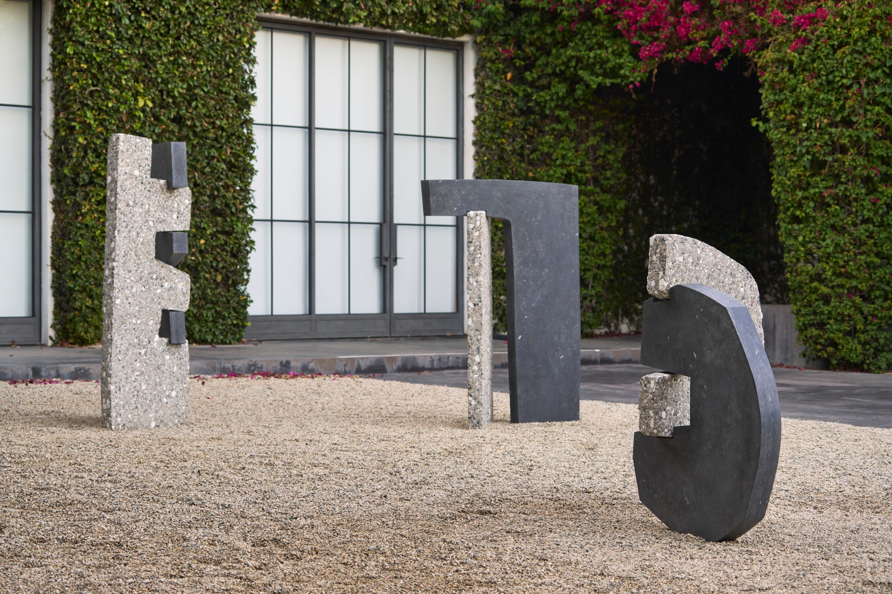 Courtyard view of &quot;Sam Moyer: Good Friend,&quot; 2021, at Kayne Griffin, Los Angeles