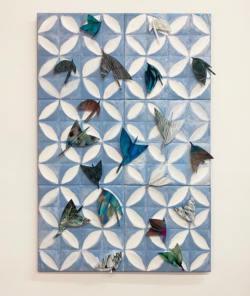 Susan Weil, Feathers Fly, 2021, cut photo paper mounted on foam, glued on acrylic on Styrofoam ceiling tiles, mounted on Masonite, 150 x 100 x 4 cm (59 x 39.3 x 1.8 inches)