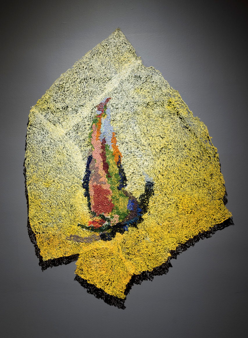 Neha Vedpathak, Untitled, 2021, plucked Japanese handmade paper, acrylic paint, thread, acrylic polymer, 145 x 107 cm (57 x 42 inches)