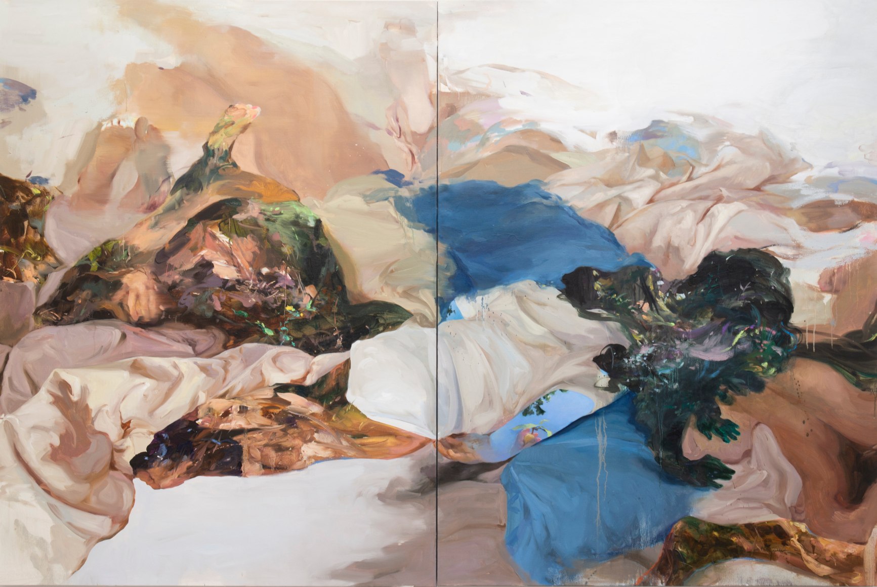 Peihang Beno&icirc;t, Sardanapalus&rsquo;s Pillow Fight, 2024, oil, oil stick, and acrylic on linen, 160 x 240 cm (63 x 94.5 inches)
