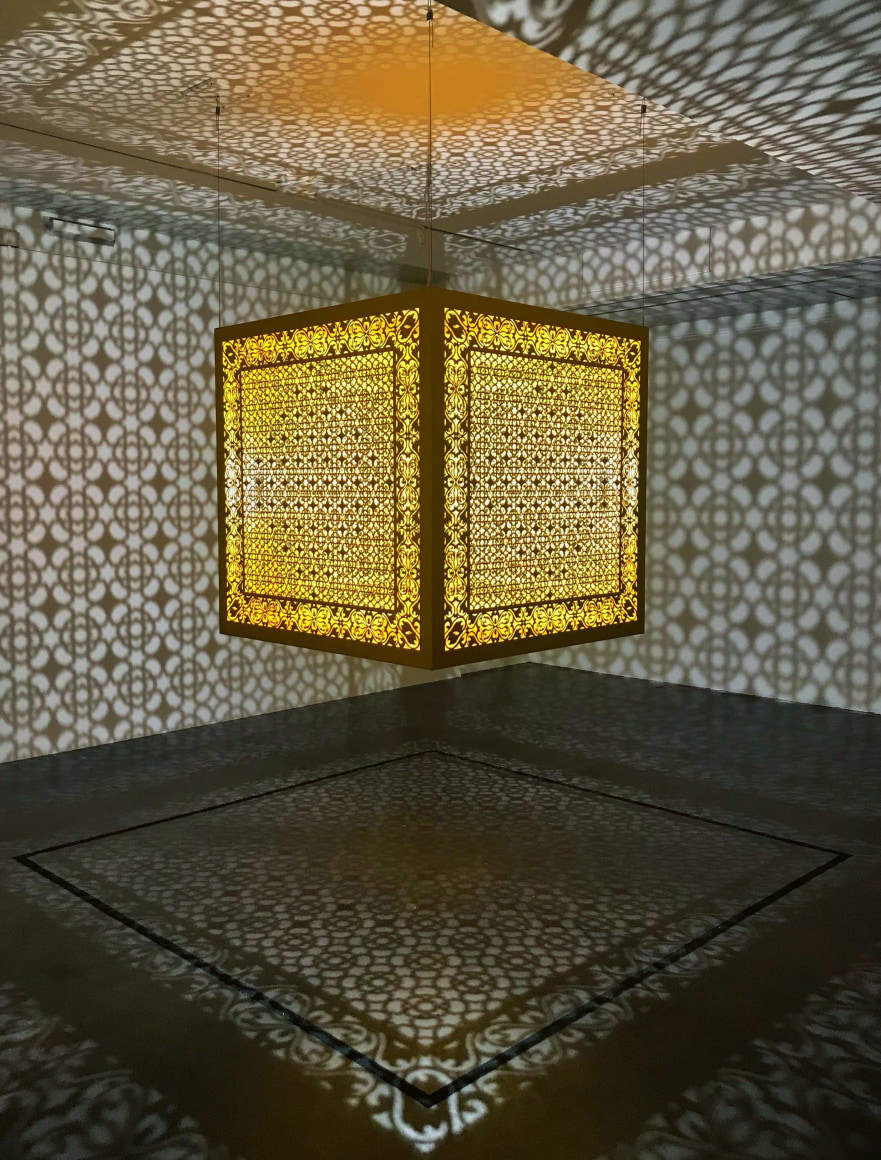 Hidden Diamond - Saffron, 2019, laser-cut, lacquered steel, 48 x 48 x 48 inches/122 x 122 x 122 cm