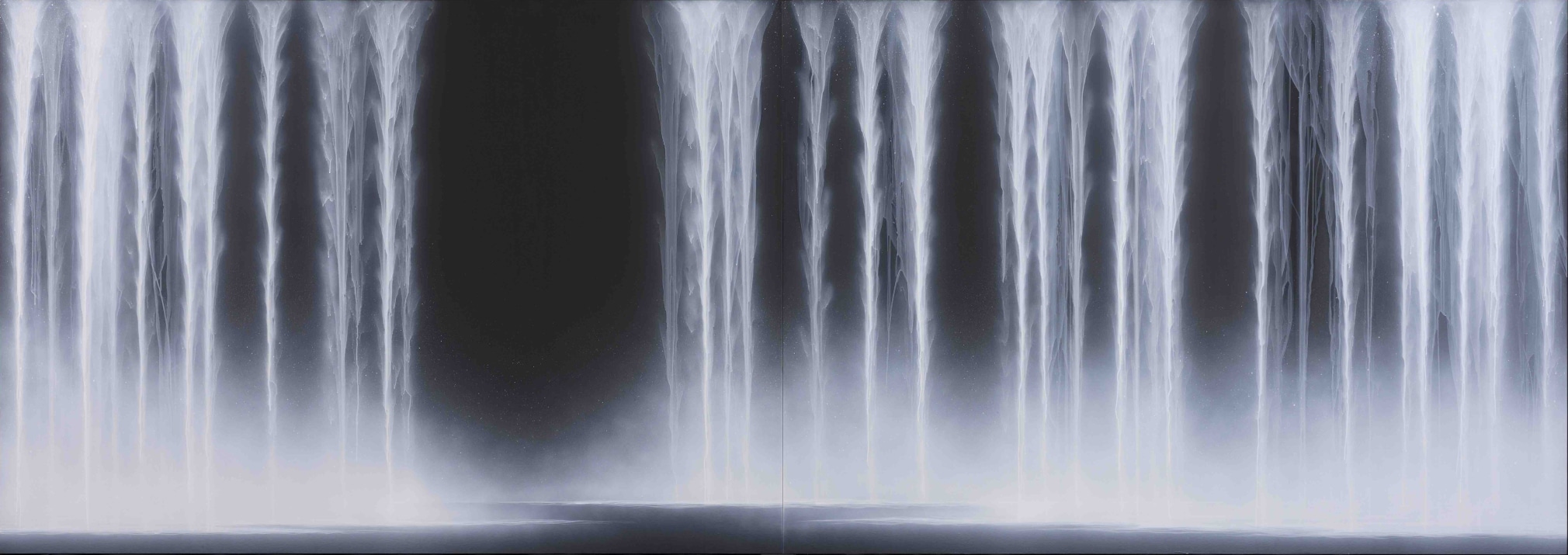 Hiroshi Senju, Waterfall I, 2007, pure pigment on rice paper mounted on board, 63.5 x 177.5/161.3 x 450.9 cm
