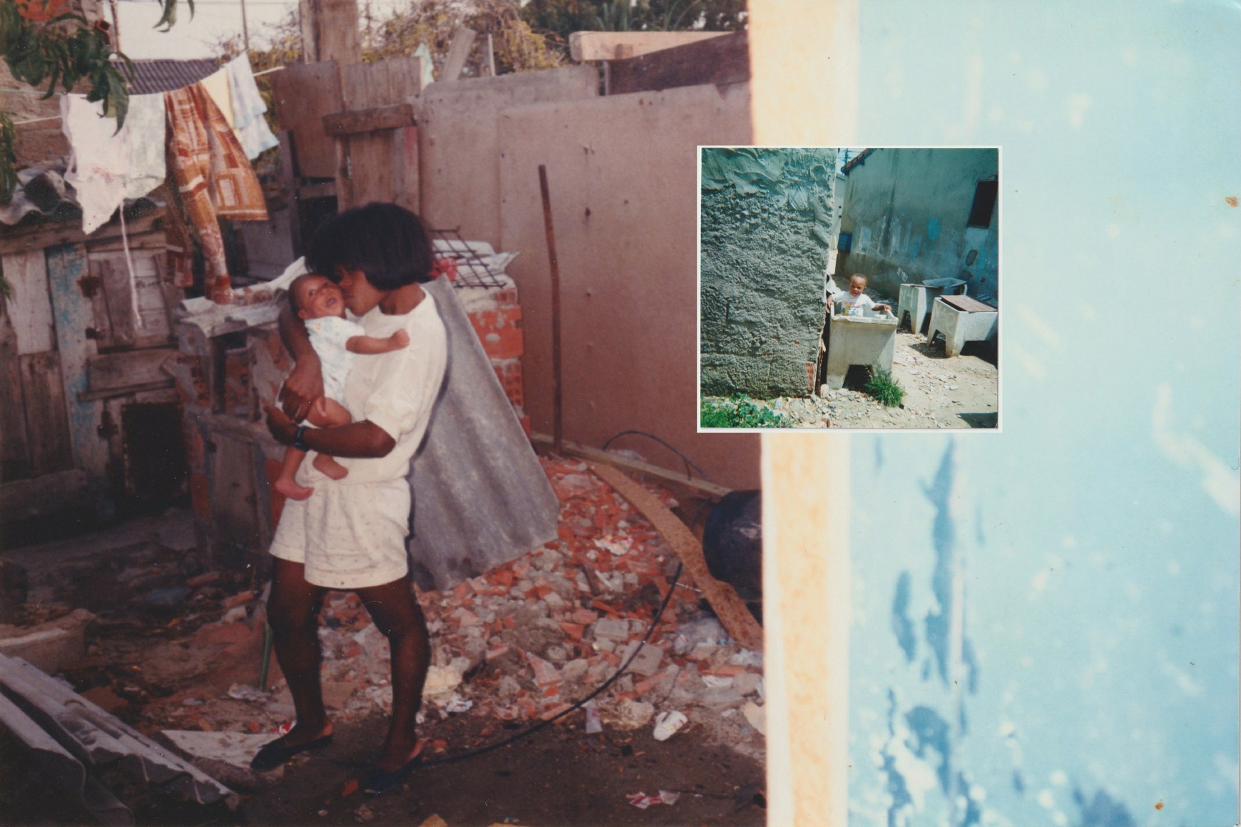 A collage featuring two old portraits of Ana Maria Jeremias and her son, Luis, taken during their time living in an slum on the outskirts of Lisbon, called Pedreira dos Hungaros. Lisbon, Portugal, 2024