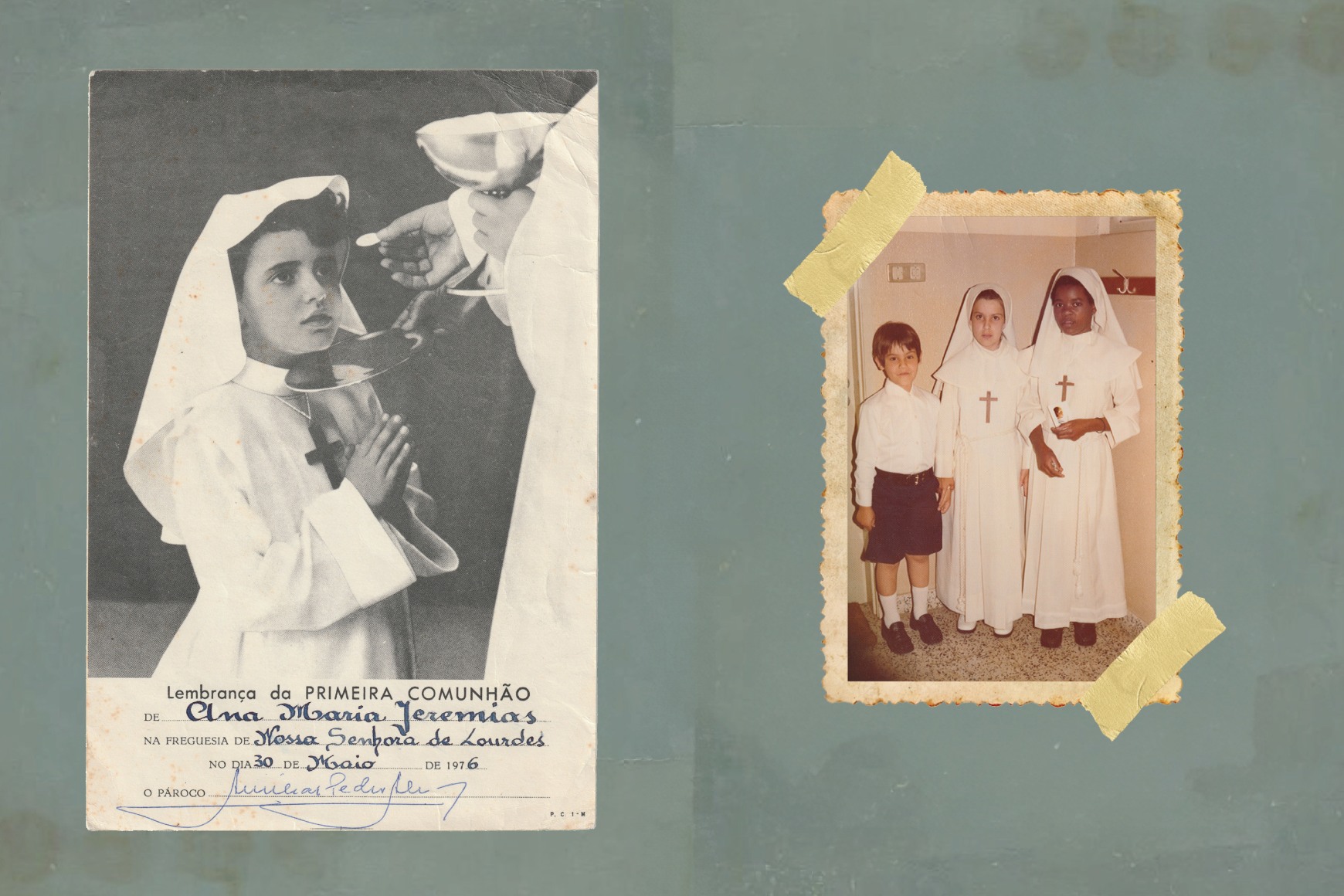 A collage showing a photograph and a card from Ana Maria Jeremias' First Communion, a few years after she arrived in Coimbra, where the Portuguese family that brought her lived, 2024
