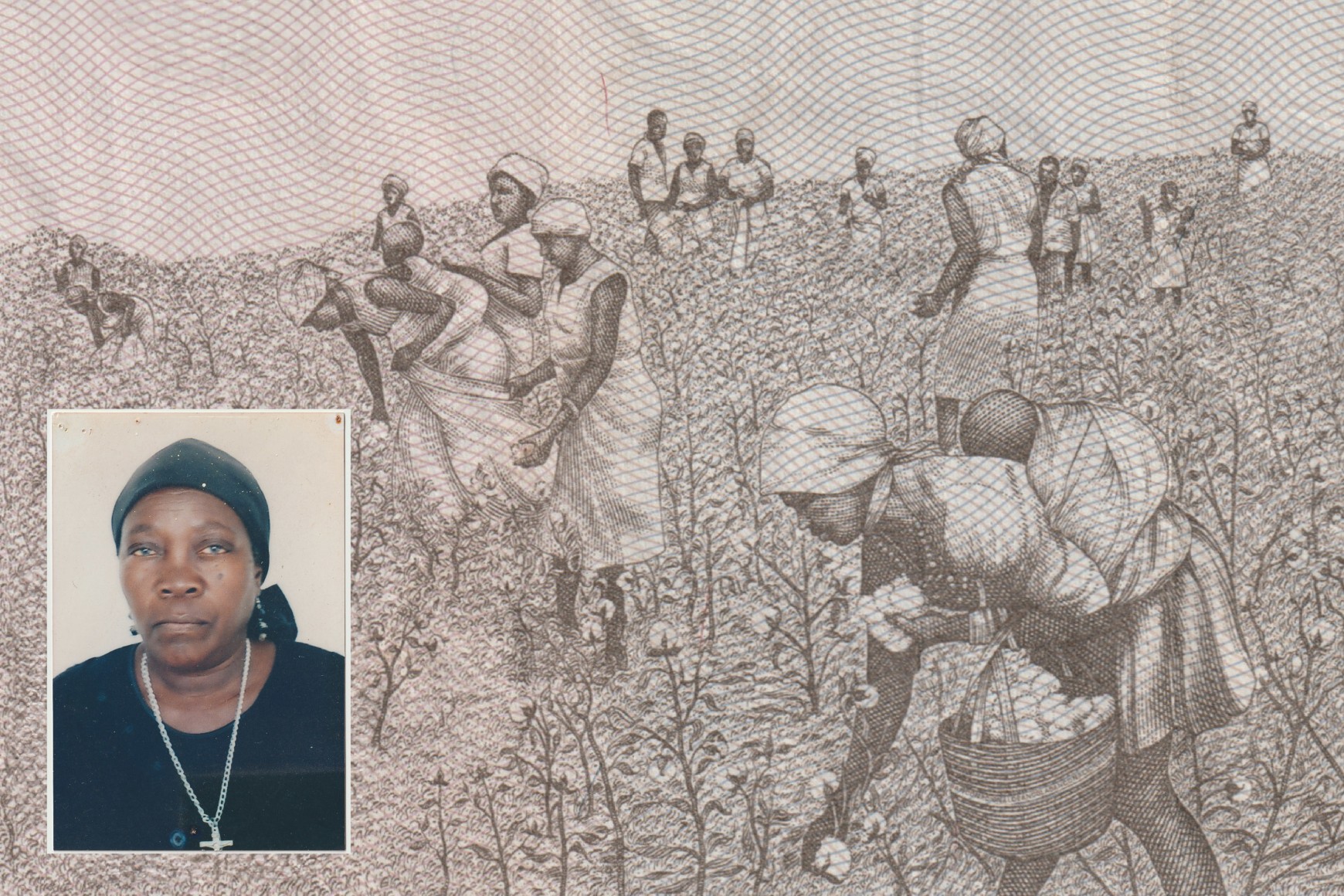 A collage featuring an old portrait of Belita Guilherme, Ana Maria Jeremias' mother, set against a background depicting women working in Angolan fields - an image taken from an Angolan banknote, a kwanza - that Ana Maria has kept since her first trip back to her homeland, when she reunited with her family after 30 years. Lisbon, Portugal, 2024