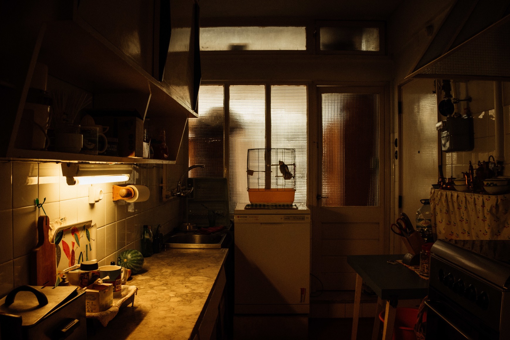 One of the kitchens where Ana Maria Jeremias works, belonging to an elderly woman she has worked for over several years, who owns a very ferocious cat and a little parakeet in a cage. Lisbon, Portugal, 2024