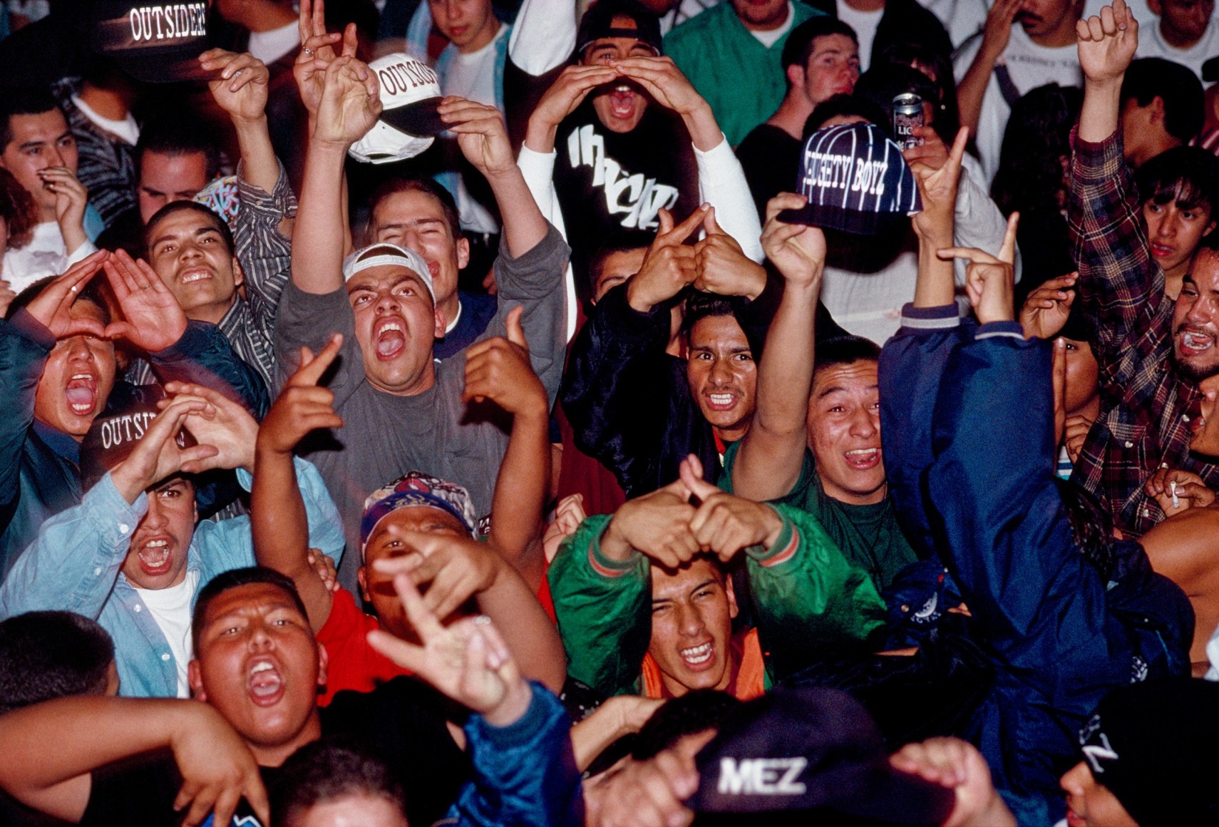 Party crew members throw their signs and show off their crew caps, East Los Angeles, Archival Pigment Print