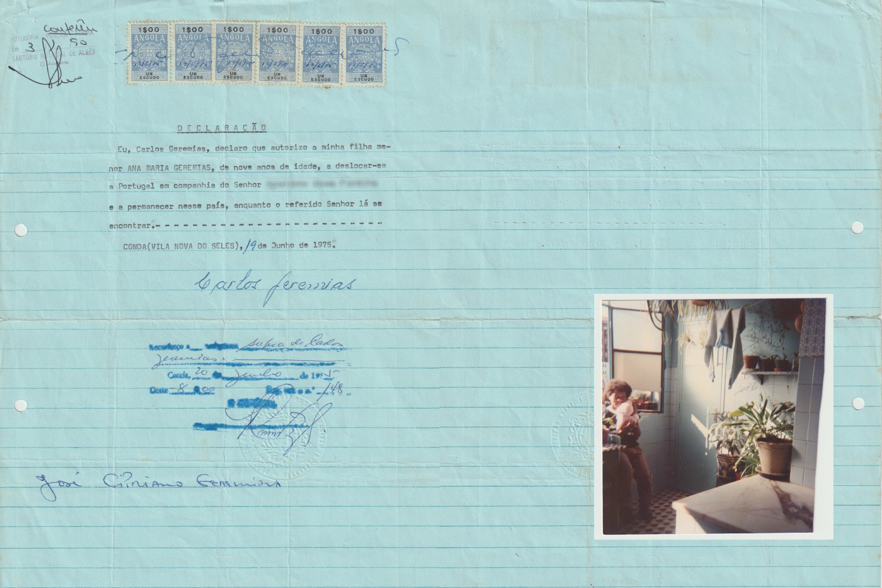 A collage displaying the document that granted custody of 9-year-old Ana Maria Jeremias to a Portuguese man in 1965. The document was later discovered to have been forged shortly after Angolan independence, allowing the Portuguese family to take the child away from her country, her family, and her friends. She would not see or hear from them for the next 30 years. Translation: Declaration - I, Carlos Geremias, declare that I authorize my minor daughter ANA MARIA GEREMIAS, nine years old, to travel to Portugal accompanied by Mr------------------ * and to stay in that country while the aforementioned Mr. is there., 