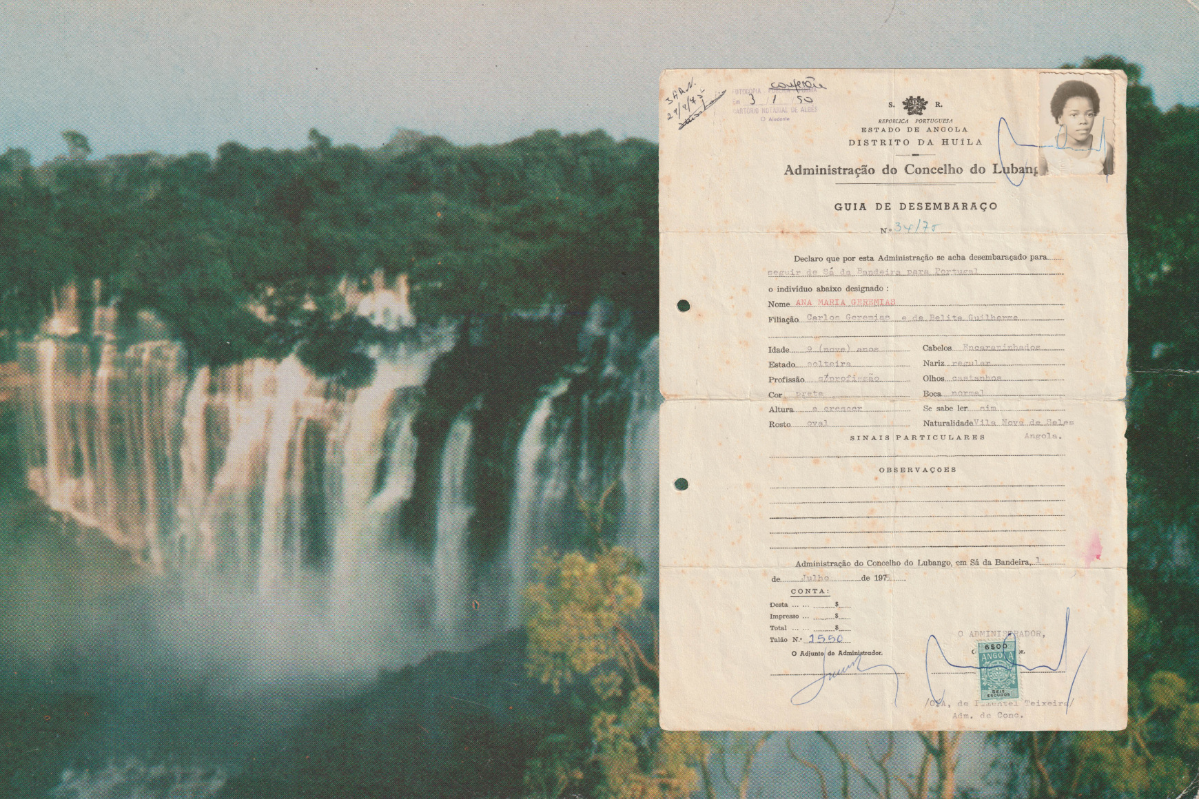 A collage displaying the arrival document of 9-year-old Ana Maria Jeremias in Portugal in 1975, 2024