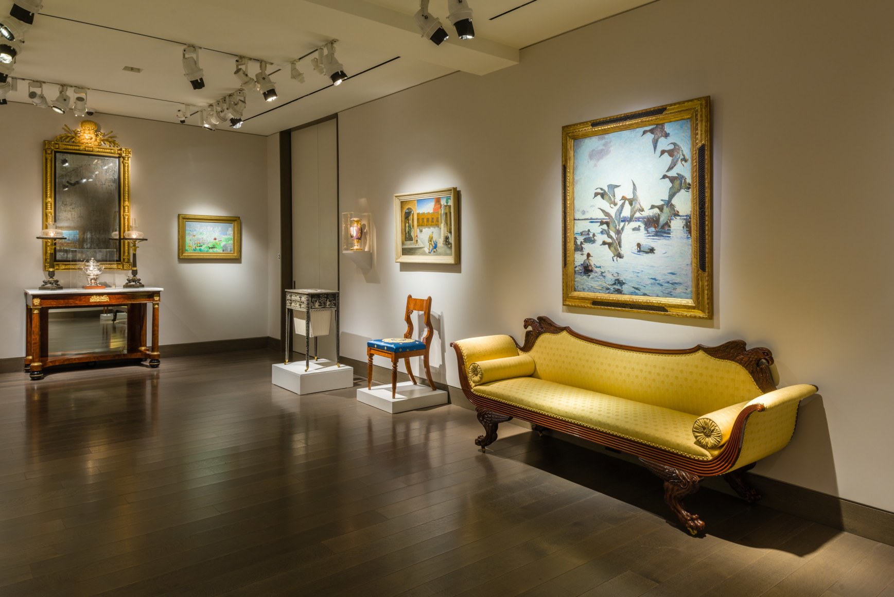 &quot;The Winter Show Live&quot; at Hirschl &amp; Adler. Installation view of paintings, furniture, and decorative arts.