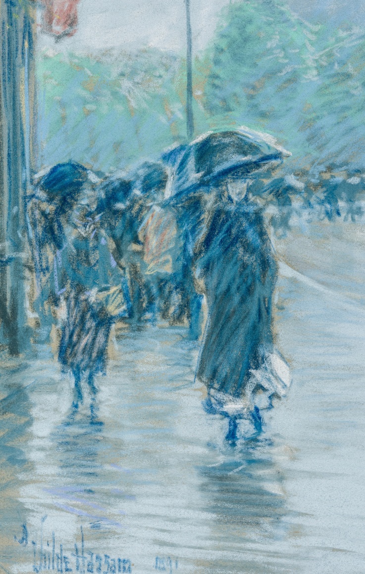 CHILDE HASSAM (1859–1935), "A Wet Day on Broadway," 1891. Pastel on paper mounted to fine-weave linen, 18 x 21 7/8 in. (detail).