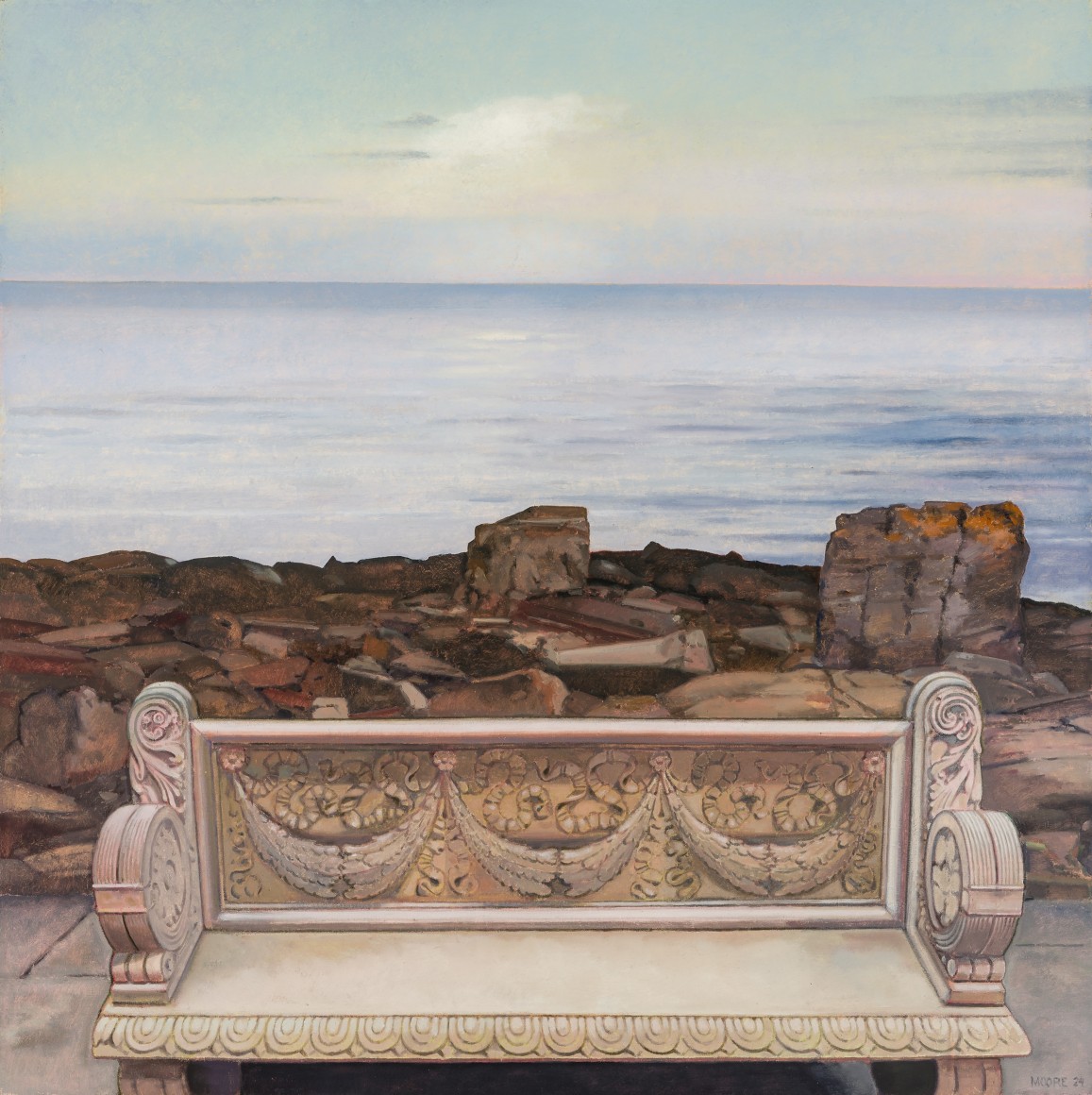 JOHN MOORE (b. 1946), "Bench by the Sea," 2024. Oil on canvas, 46 x 46 in.