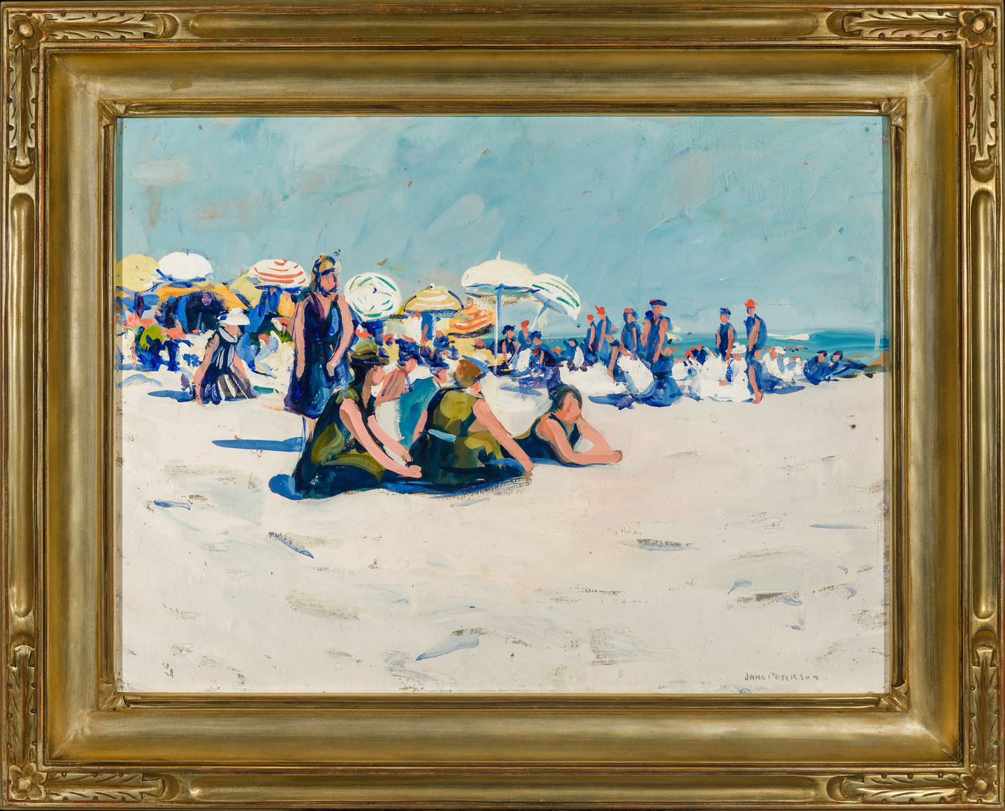 JANE PETERSON (1876&ndash;1965), &quot;The Beach, Gloucester,&quot; about 1915. Gouache on paper, 18 x 24 in. Showing gilded American Impressionist-style frame.