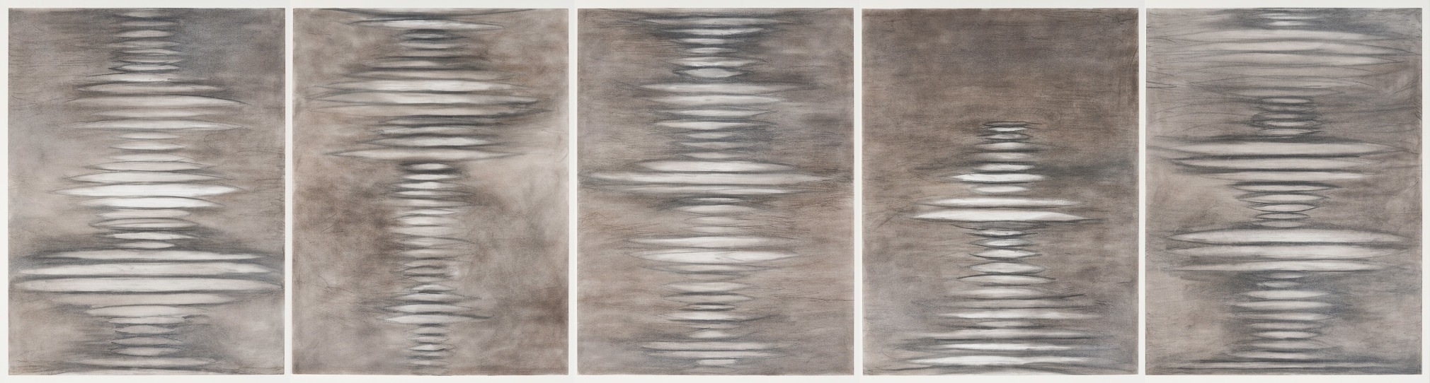 a suite of five abstract drawings by Elizabeth Turk of white discs layered on top of each other