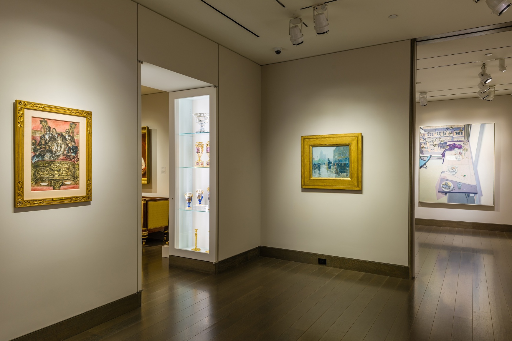 "The Madding Crowd" gallery installation, June 2021. Galleries 2 and 3, with works by (left to right) Reginald Marsh, Childe Hassam, and John Moore.