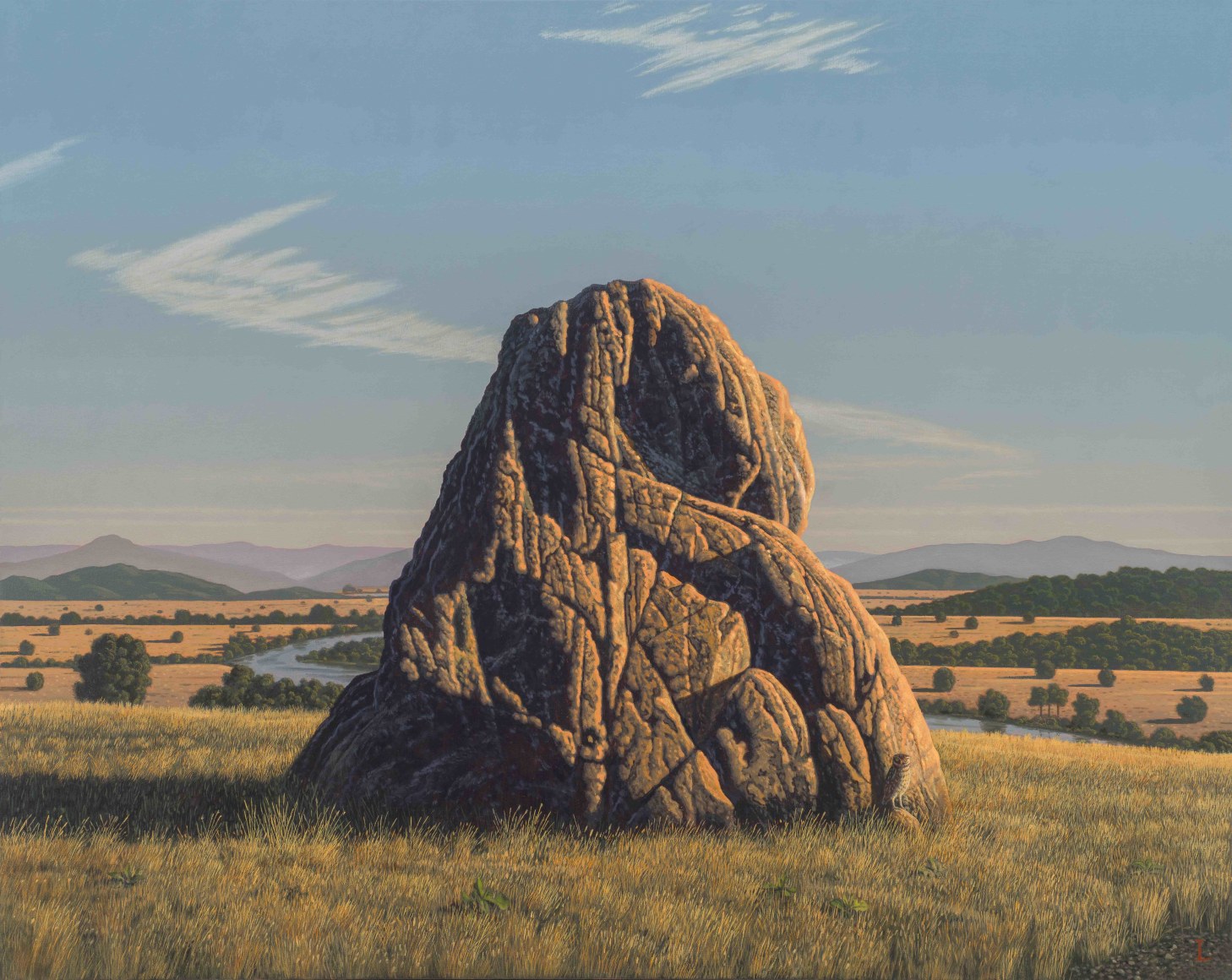 David Ligare (b. 1945), "Landscape with Owl (ATHENE NOCTUA)," 2024. Oil on canvas, 40 x 50 in.