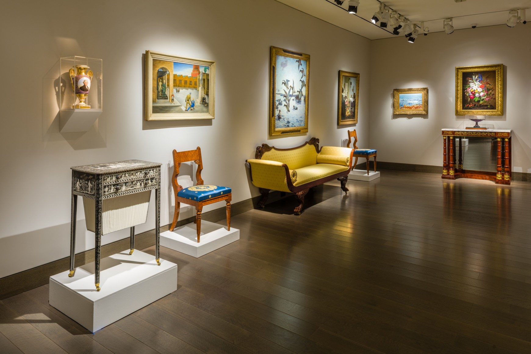 The Winter Show Live at Hirschl &amp; Adler. Installation view of paintings, furniture, and decorative arts.