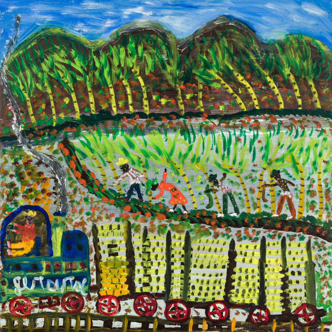 Gerard Fortune (Haitian, 1925–2019), "Sugar Cane Train," c. 1970s. Oil on plywood, 23 1/2 x 23 1/2 in.