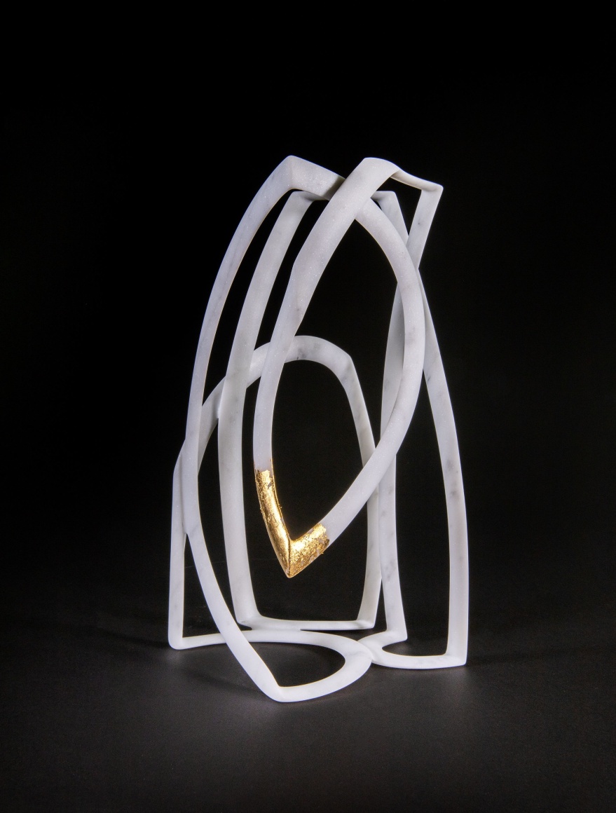 Elizabeth Turk (b. 1961)  Passage 4, 2023  Marble and gold leaf, 9 1/2 x 4 1/2 x 4 1/2 in.