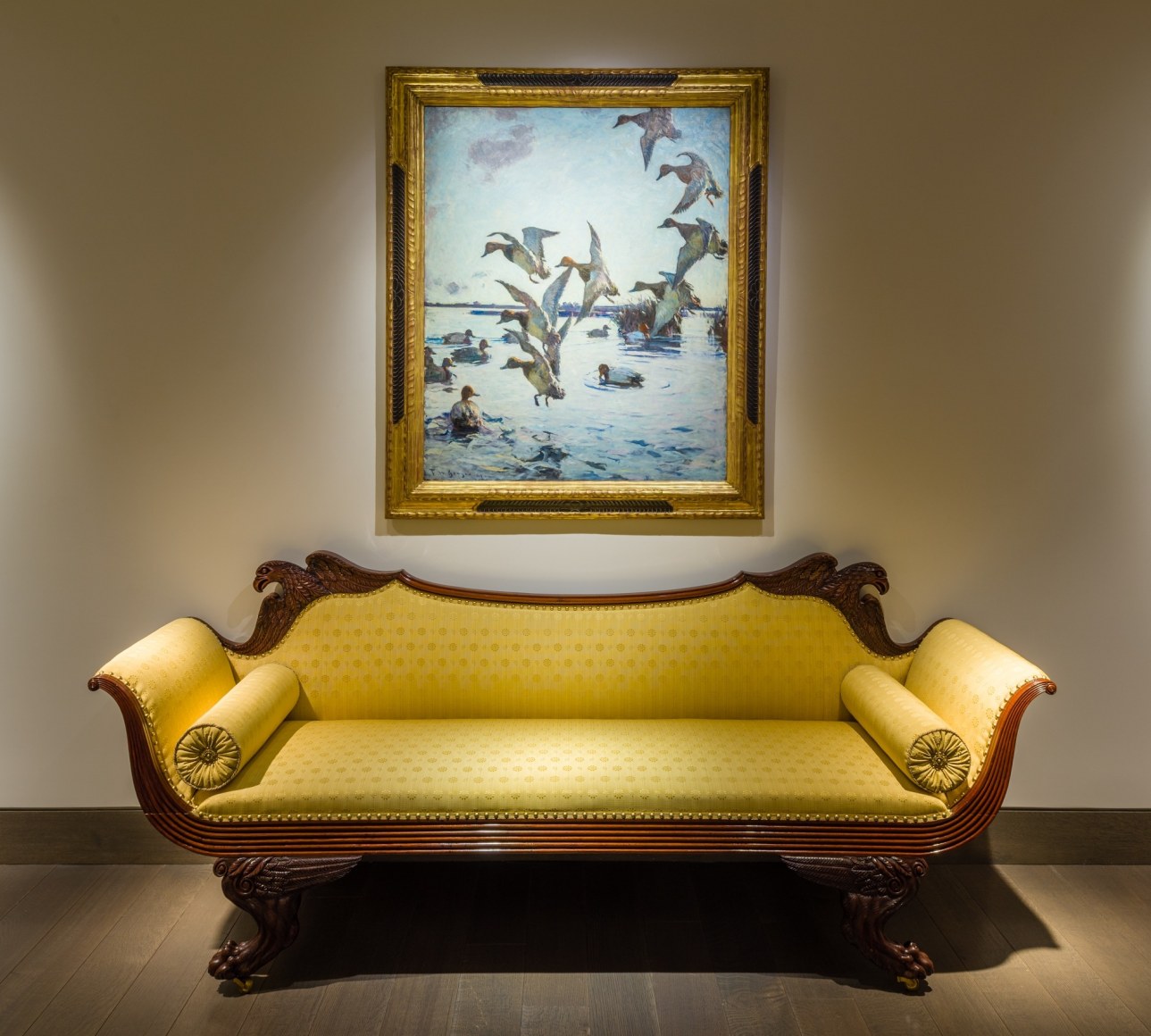 &quot;The Winter Show Live&quot; at Hirschl &amp; Adler. Installation view of paintings, furniture, and decorative arts.