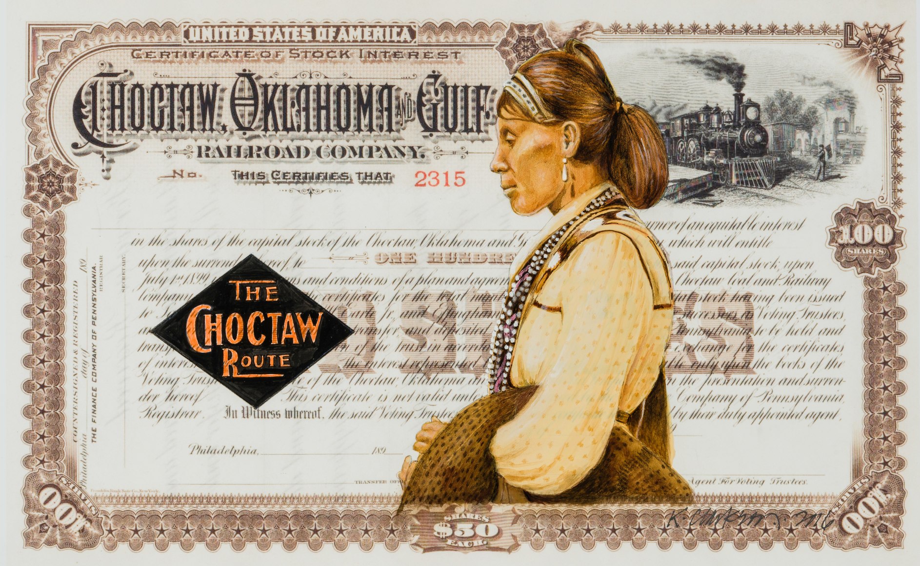 Karen Clarkson (Choctaw, b. 1951), "Choctaw Railroad Certificate (The Choctaw Route)," from the series "A Choctaw Story of Land and Blood," c. 2017 Watercolor and gouache on enlarged print of a stock certificate, 11 x 17 in.