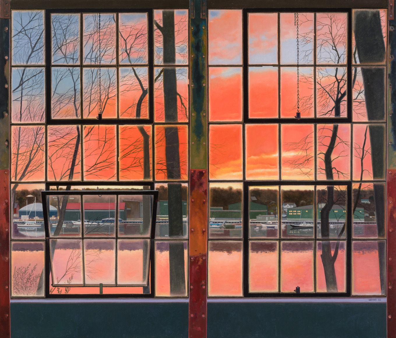 JOHN MOORE (b. 1946), "Red Sky at Dusk," 2023. Oil on canvas, 59 x 69 in.