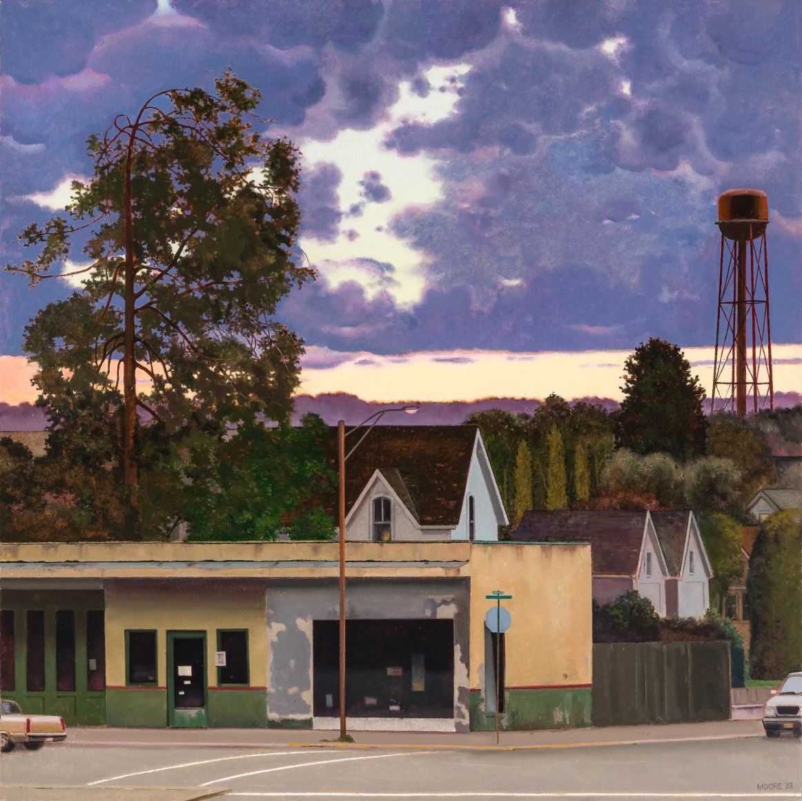 JOHN MOORE (b. 1946), "Ivanhoe at Main," 2023. Oil on canvas, 46 x 46 in.