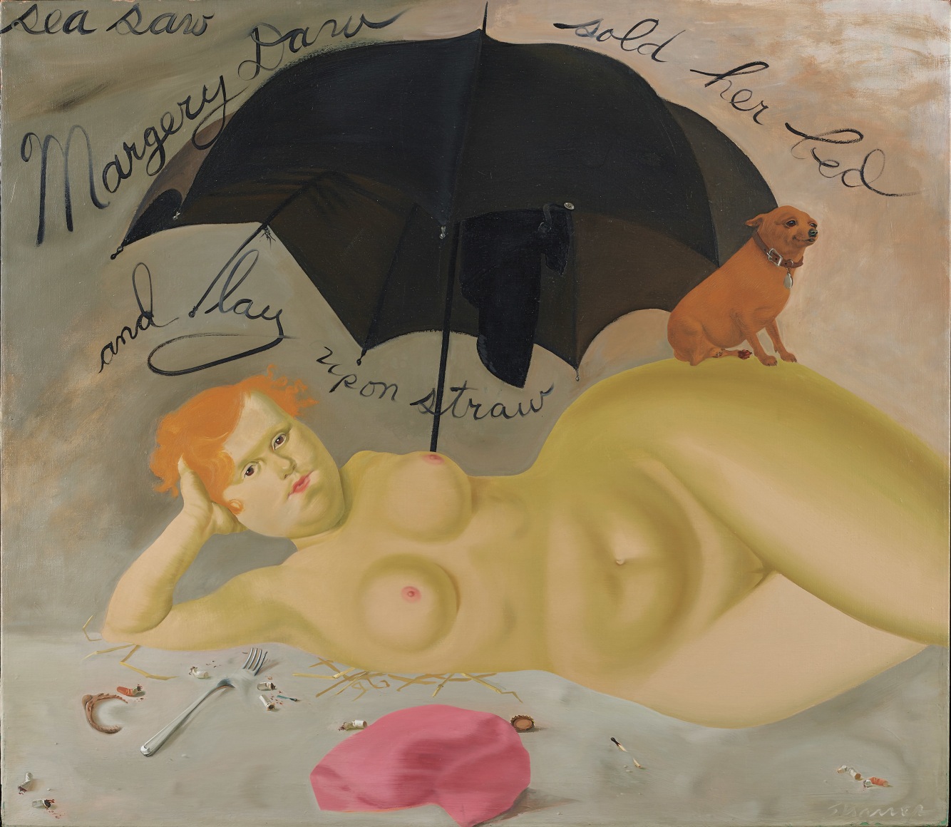 Margery Daw, 1969.  Oil on canvas, 41 1/4 x 48 1/2 in.   Signed (at lower right): Sharrer.