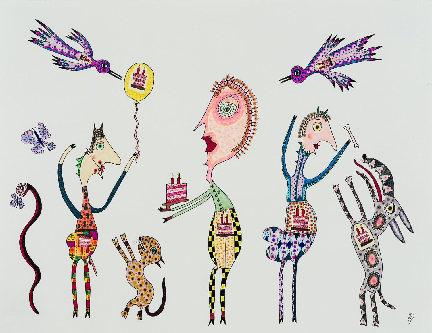 a drawing by self-taught artist Jeanne Brousseau of a people and animals holding and eating birthday cakes