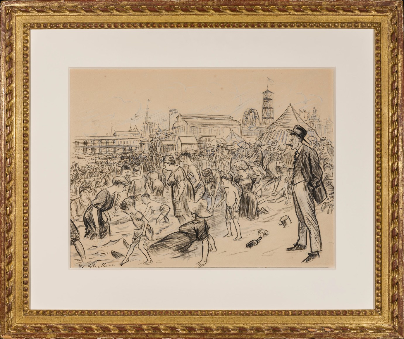 WILLIAM GLACKENS (1870&ndash;1938), &quot;I Went Down to Coney for a Swim,&quot; about 1907. Ink, charcoal, and gouache on paper, 13 1/2 x 17 in.  Showing gilded Louis XVI-style frame.