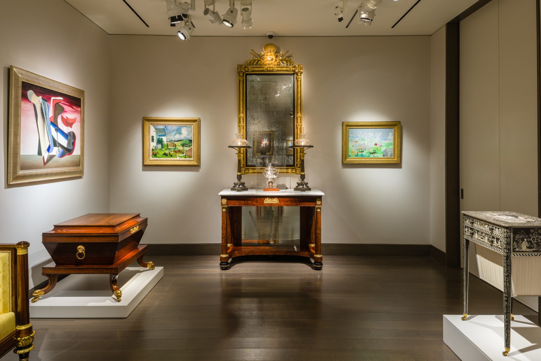 &quot;The Winter Show Live&quot; at Hirschl &amp; Adler. Installation view of paintings, furniture, and decorative arts.