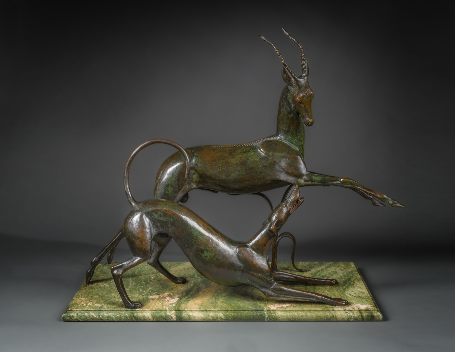 Wilhelm Hunt Diederich (1884&ndash;1953), &quot;Antelope and Hound,&quot;&nbsp;1916. Bronze on original marble base, 22 in. high x 26 in. wide x 10 in. dee