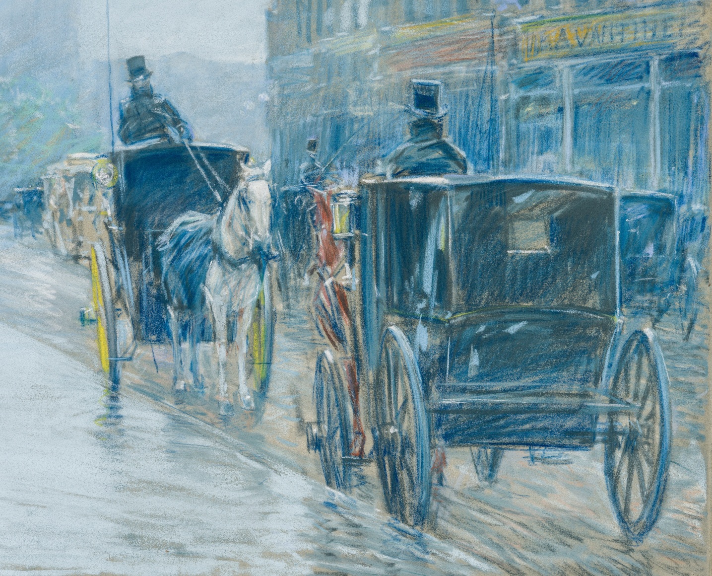 CHILDE HASSAM (1859–1935), "A Wet Day on Broadway," 1891. Pastel on paper mounted to fine-weave linen, 18 x 21 7/8 in. (detail).