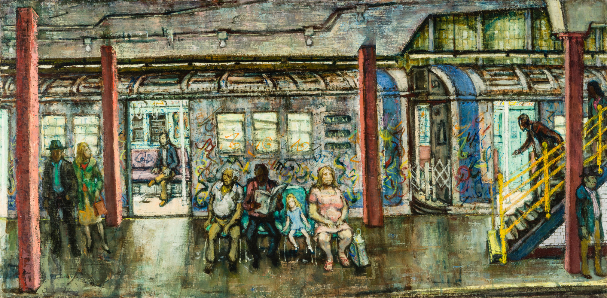 Philip Reisman (American, 1904–1992), "Waiting Local," 1979. Oil on canvas, 20 x 40 in.